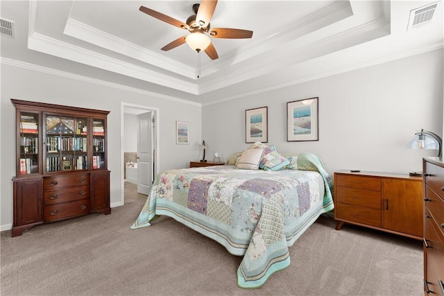 6021 Harbour Mist Dr, Flowery Branch, GA 30542 - bedroom with a tray ceiling, light carpet, crown molding, and a ceiling fan