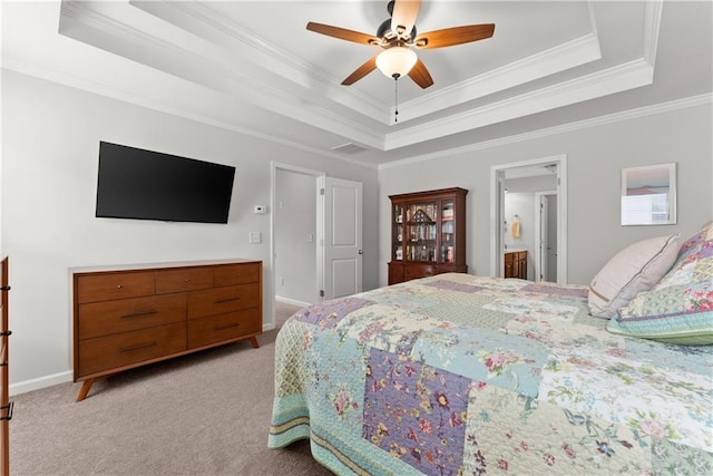 6021 Harbour Mist Dr, Flowery Branch, GA 30542 - bedroom with a raised ceiling, ornamental molding, light carpet, a ceiling fan, and ensuite bath