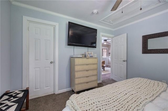 214 Iron St NW, Rome, GA 30165 - carpeted bedroom featuring attic access, ornamental molding, a ceiling fan, and baseboards