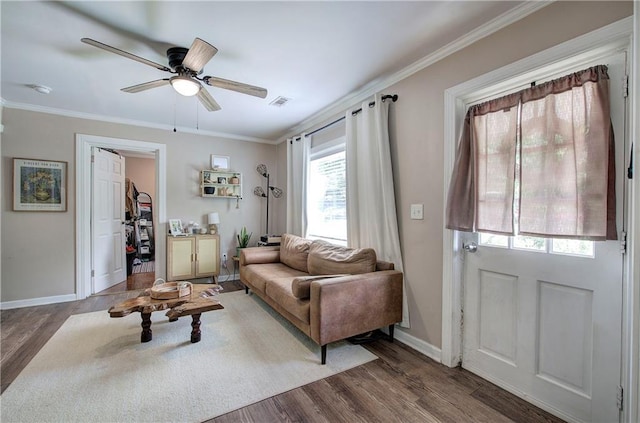 214 Iron St NW, Rome, GA 30165 - living area featuring wood finished floors, crown molding, a ceiling fan, and baseboards
