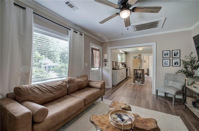 214 Iron St NW, Rome, GA 30165 - living area featuring ceiling fan, light wood finished floors, crown molding, plenty of natural light, and baseboards