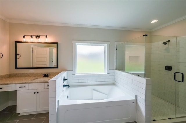 96 Lexie Ct, Rockmart, GA 30153 - bathroom featuring tile patterned floors, a shower stall, a garden tub, vanity, and ornamental molding