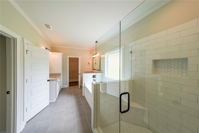 96 Lexie Ct, Rockmart, GA 30153 - bathroom with ornamental molding, vanity, a shower stall, a walk in closet, and tile patterned floors