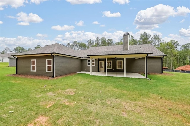 96 Lexie Ct, Rockmart, GA 30153 - rear view of house featuring a patio, a chimney, and ceiling fan