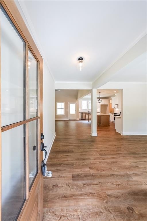 96 Lexie Ct, Rockmart, GA 30153 - unfurnished living room with wood finished floors and ornamental molding