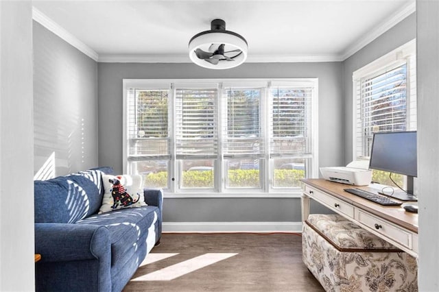 living area with dark hardwood / wood-style flooring and ornamental molding