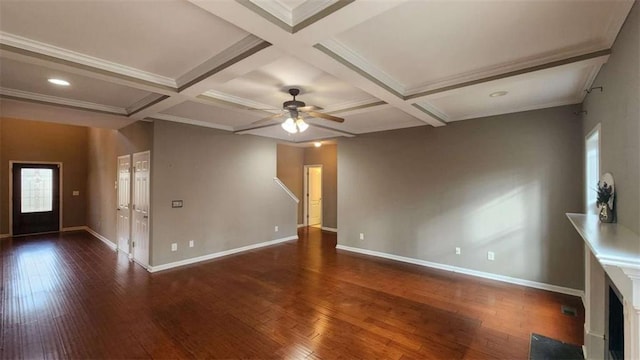unfurnished room with coffered ceiling, beam ceiling, and dark wood-type flooring