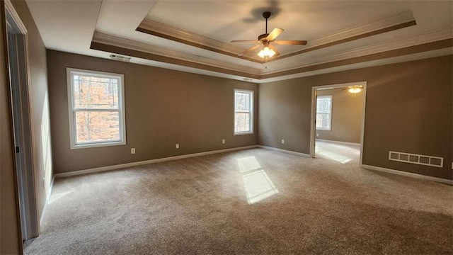 empty room featuring ceiling fan, light colored carpet, ornamental molding, and a raised ceiling