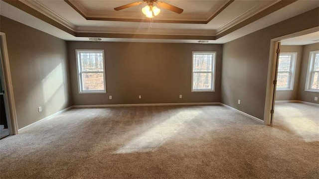carpeted empty room featuring ornamental molding, a raised ceiling, and ceiling fan