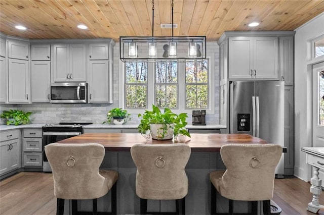 kitchen featuring gray cabinetry, tasteful backsplash, wood finished floors, appliances with stainless steel finishes, and wooden ceiling