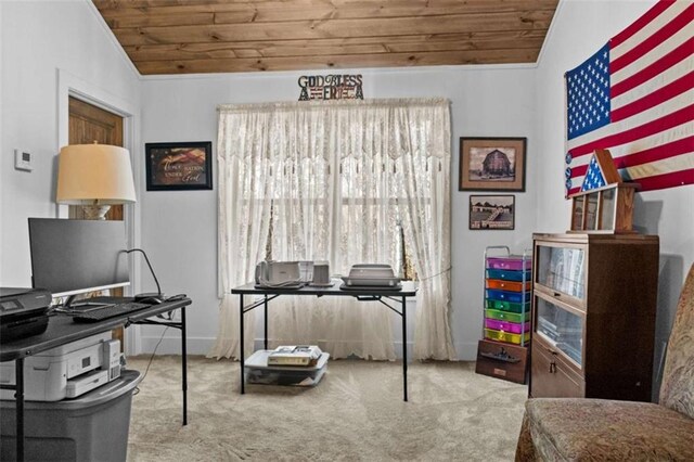 carpeted home office with lofted ceiling and wooden ceiling