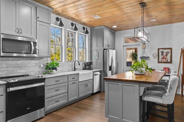 kitchen with backsplash, wooden counters, gray cabinetry, wood ceiling, and stainless steel appliances