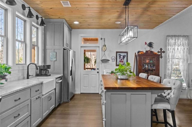 kitchen with gray cabinets, butcher block countertops, dark wood-type flooring, appliances with stainless steel finishes, and wooden ceiling