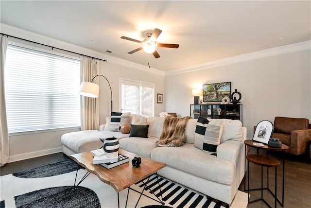 living room with ceiling fan, ornamental molding, and hardwood / wood-style floors