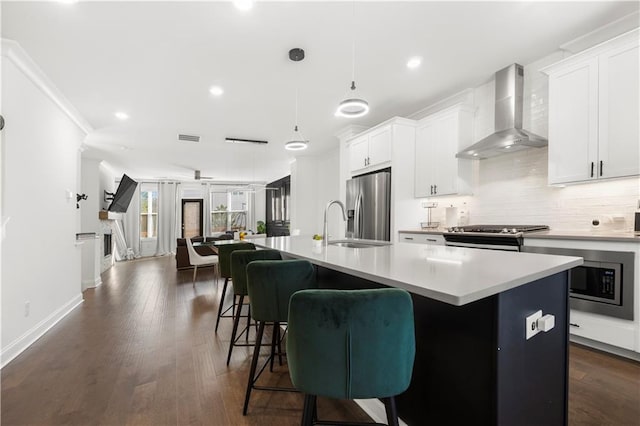 kitchen featuring stainless steel appliances, white cabinetry, wall chimney exhaust hood, and an island with sink