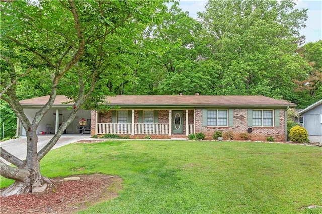 ranch-style home with a porch, a front yard, brick siding, and concrete driveway