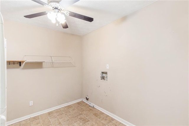 laundry room featuring laundry area, hookup for a washing machine, baseboards, and ceiling fan