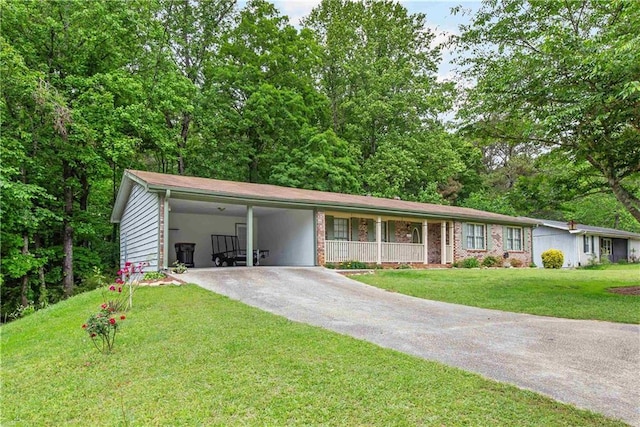 ranch-style home with a carport, driveway, and a front yard