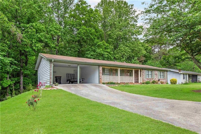 ranch-style house featuring driveway, a front yard, and an attached carport