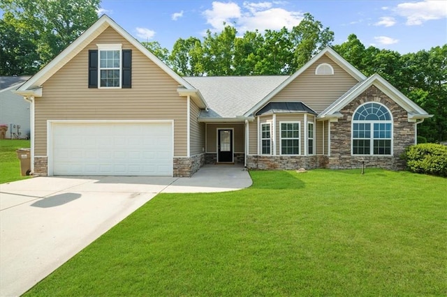 5155 Scenic View Rd, Flowery Branch, GA 30542 - view of front facade with stone siding, concrete driveway, a front lawn, and a shingled roof