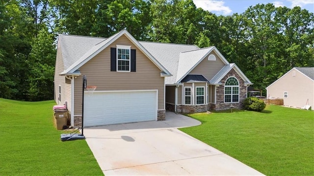 5155 Scenic View Rd, Flowery Branch, GA 30542 - view of front of house featuring stone siding, concrete driveway, and a front lawn