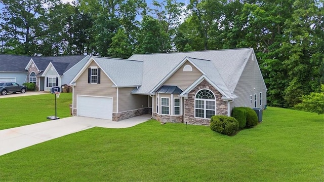 5155 Scenic View Rd, Flowery Branch, GA 30542 - view of front facade featuring stone siding, a front yard, driveway, and a garage