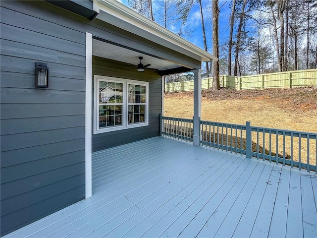 wooden deck featuring ceiling fan and fence