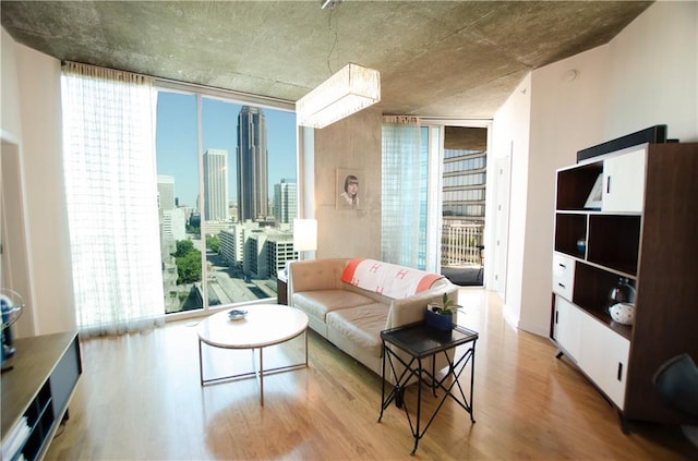 living room with a wall of windows and light hardwood / wood-style floors