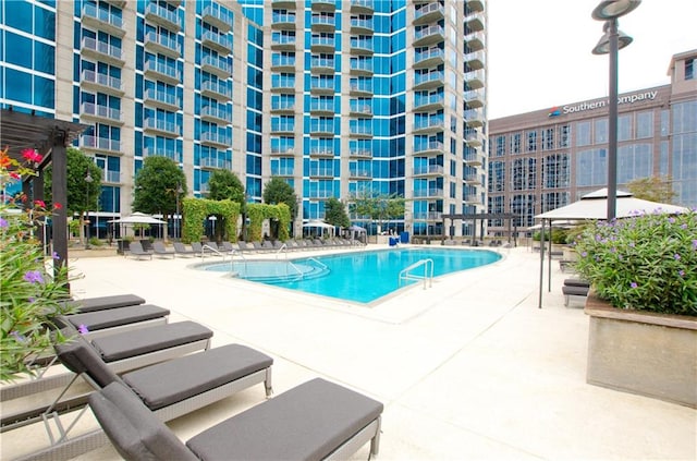 view of swimming pool featuring a patio