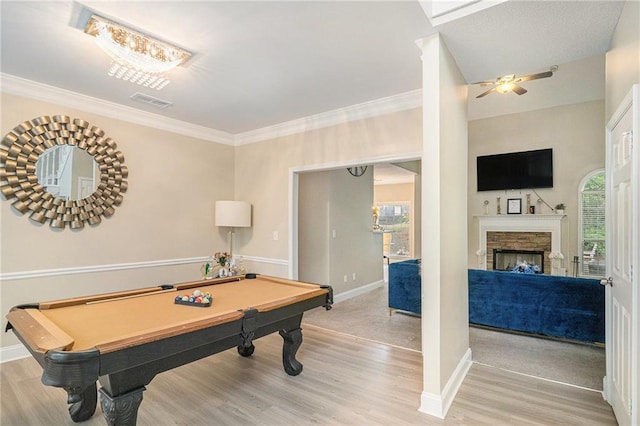 game room with baseboards, light wood-style floors, and pool table