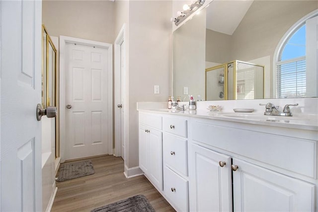 bathroom featuring double vanity, wood finished floors, a shower stall, and a sink
