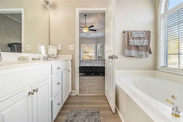 ensuite bathroom with connected bathroom, a raised ceiling, a ceiling fan, a jetted tub, and wood finished floors