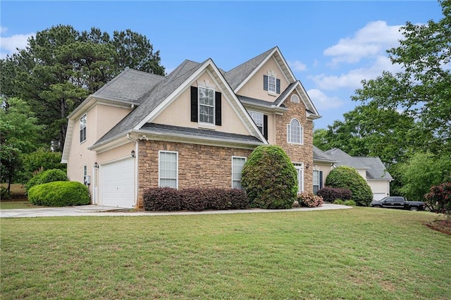 view of front facade featuring stucco siding, stone siding, a front lawn, concrete driveway, and an attached garage