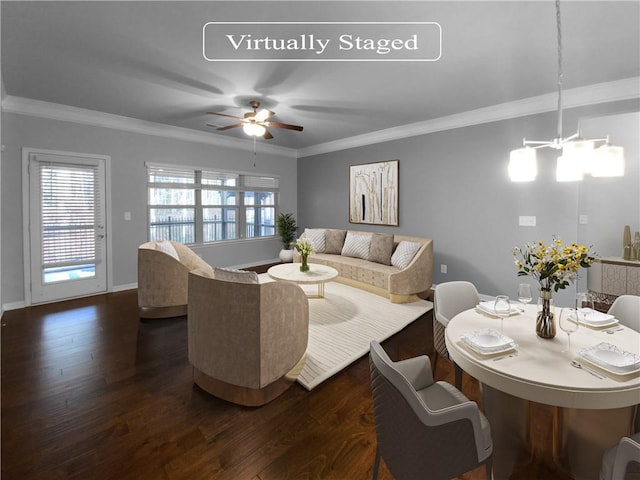 living room featuring ornamental molding and dark wood-type flooring