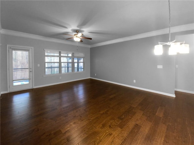 unfurnished room with ceiling fan, dark wood-type flooring, and crown molding