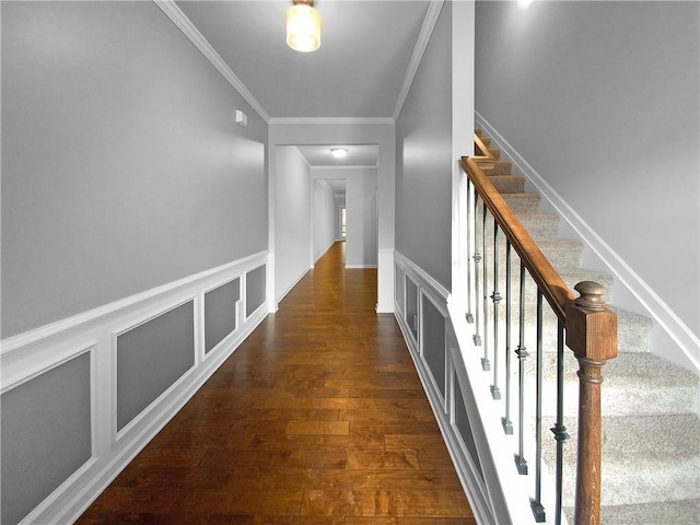 hall featuring dark hardwood / wood-style flooring and crown molding