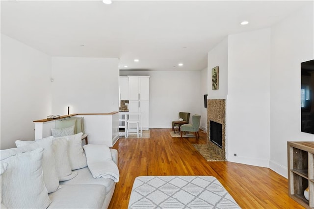 living room featuring a premium fireplace and light hardwood / wood-style floors