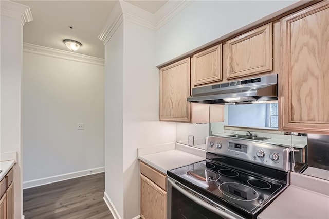 kitchen featuring stainless steel range with electric stovetop, ornamental molding, dark wood-type flooring, and light brown cabinetry