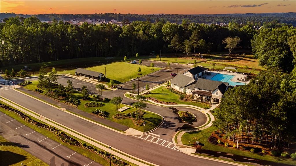 aerial view of a pool and a forest