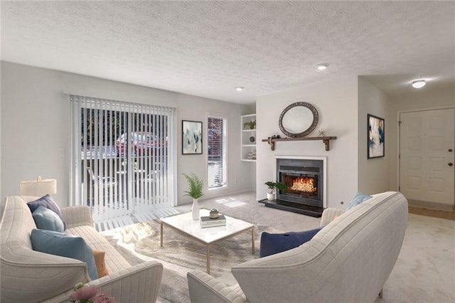 living room with light carpet, built in features, and a textured ceiling