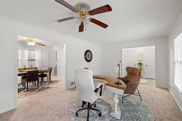 carpeted office featuring crown molding