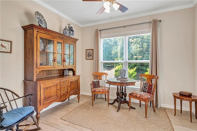 2920 Farmstead Way, Suwanee, GA 30024 - living area featuring a ceiling fan, crown molding, light wood-style flooring, and baseboards