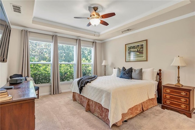 2920 Farmstead Way, Suwanee, GA 30024 - bedroom featuring light carpet, a tray ceiling, ornamental molding, and ceiling fan