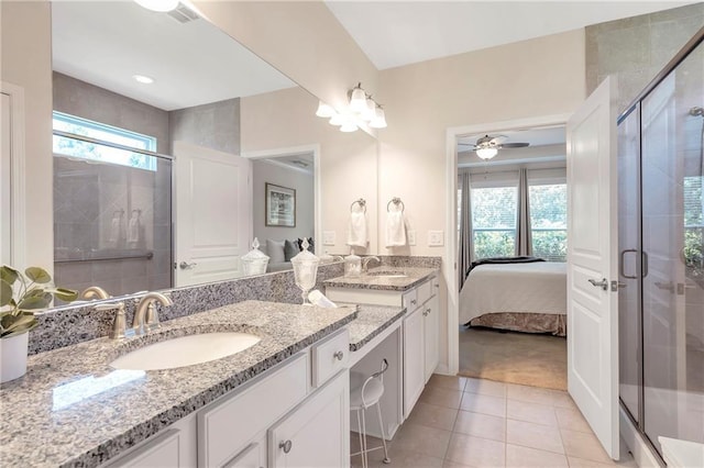 2920 Farmstead Way, Suwanee, GA 30024 - full bathroom featuring double vanity, a stall shower, tile patterned floors, ensuite bathroom, and a ceiling fan