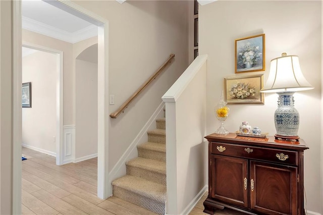 2920 Farmstead Way, Suwanee, GA 30024 - staircase featuring wood finished floors and crown molding