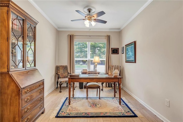 2920 Farmstead Way, Suwanee, GA 30024 - office area featuring a ceiling fan, light wood finished floors, ornamental molding, and baseboards
