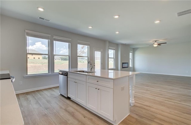 kitchen featuring a sink, visible vents, white cabinets, and dishwasher