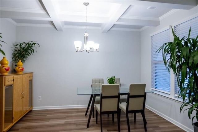 dining room with a chandelier, coffered ceiling, baseboards, and wood finished floors