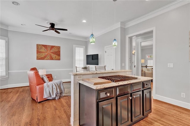 kitchen with open floor plan, a ceiling fan, light wood finished floors, ornamental molding, and stainless steel gas stovetop