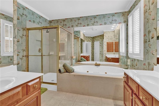full bathroom with wallpapered walls, tile patterned floors, a garden tub, a stall shower, and crown molding